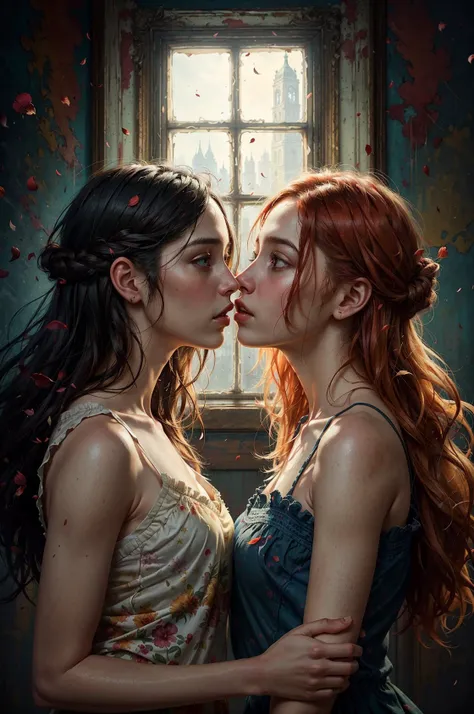 two young women kissing, passionate, intense, bright vibrant color, composition by Matthias Jung, in the style of Jeremy Mann, petals, desire, bloom, atmosphere, painterly illustration, upper body focus