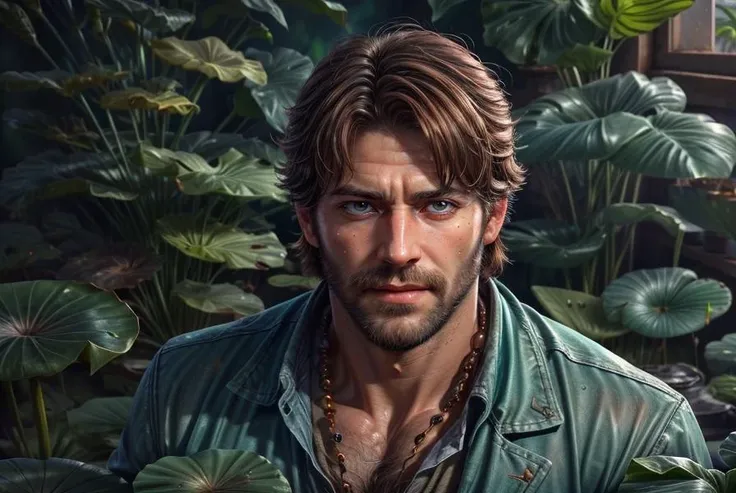 a close up of a man in a green shirt standing in a jungle