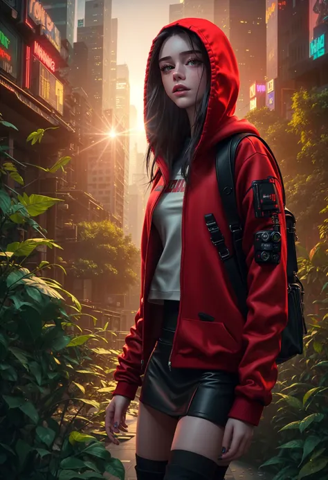 cyberpunk style AIDA_dataran in a red hoodie, black miniskirt, knee-high socks, high boots, with a bag, walking through the city jungle, full of dangers, to bring food to her sick grandmother, tyndall effect, detailed, lens flare