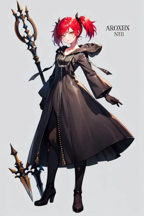 <lora:OrganizationXIIICoat:1> Organization XIII Coat, hood down, (spear:1.3),, ultra detailed, masterpiece, best quality, aesthetic, detailed,, solo, 1girl, red hair, orange eyes, amber eyes, swept bangs, parted bangs, <lora:LowTwintailsHelper:1> low twint...