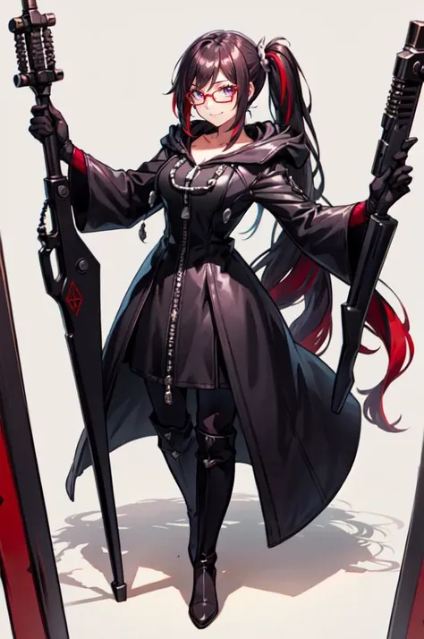 <lora:OrganizationXIIICoat:0.9> Organization XIII Coat, hood down, fantasy gun, (black hair:1.1),, ultra detailed, masterpiece, best quality, aesthetic, detailed,, solo, smug smile, 1girl, purple eyes, red-framed eyewear, (black hair, red colored tips:1.2)...