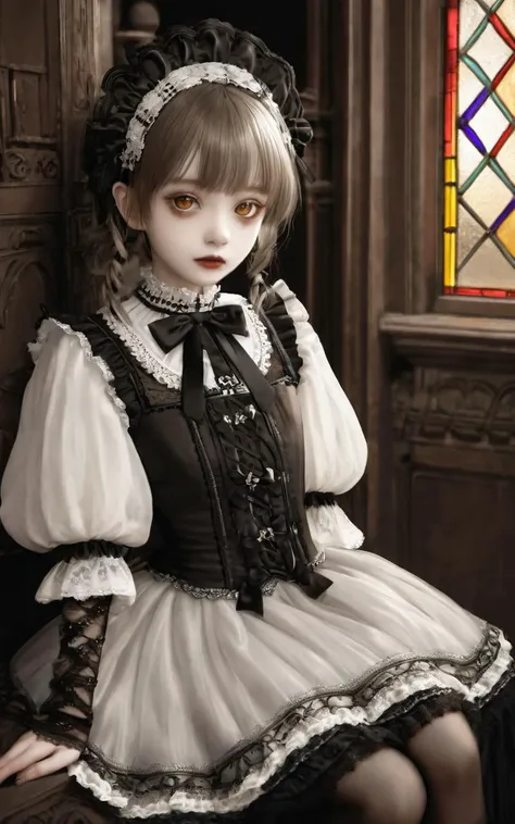 Vampire Palace, sepia color, extremely quality extremely detailed, Faint lips,UC:realistic glow shine like opal deep-silky-healthy-lackwarm-foundational-soft-skin, photo realistic ray trace depth of field, <lora:_sdxl-flat:-0.5>, 1girl, cute petite . flat ...