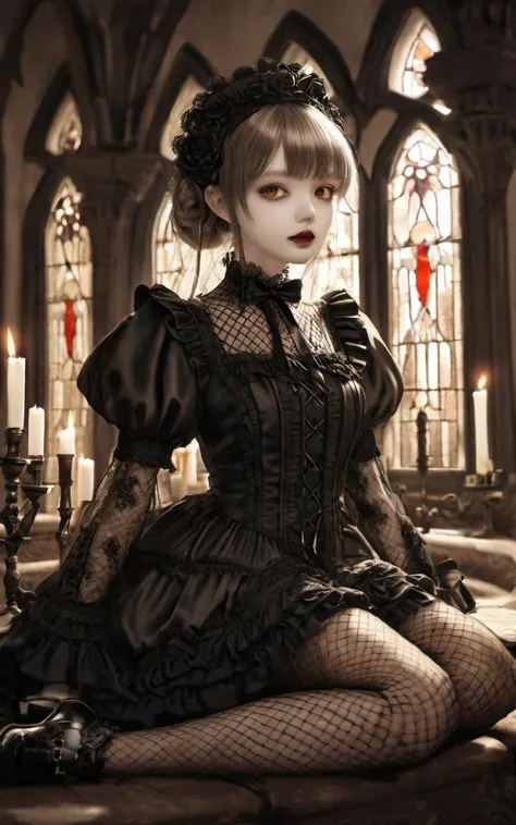 a woman in a gothic dress sitting on a table with candles