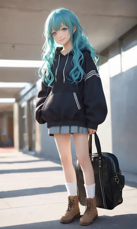 1girl, , petite , small beasdt , sky blue eyes, bright aqua hair, very long hair , shaggy hair, streaked hair , bangs, sideburns , wavy mouth smile, embarrassed , head_tilt standing , From Front, school uniform , black  long sleeve hoodie , loose socks, wo...