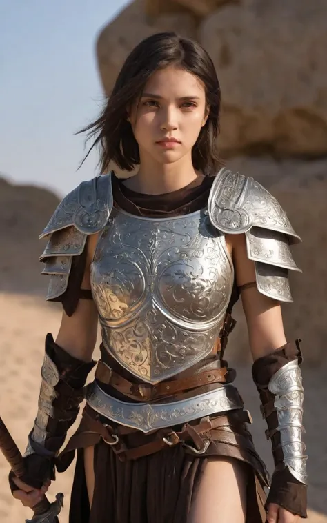 a woman in armor holding a sword and a sword in a desert