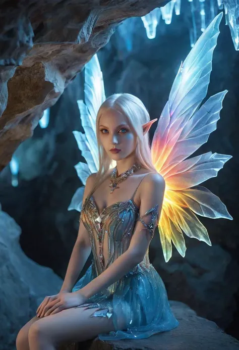 realistic portrait photography of a adult gothic elf with red, blue, yellow hair, fairy wings made of ral-vbrntacyl, tattoos, makeup, (sexy pose: 1.3), in a magical glowing crystal cave, posing for a picture, the cave walls made of glittering crystals, fan...