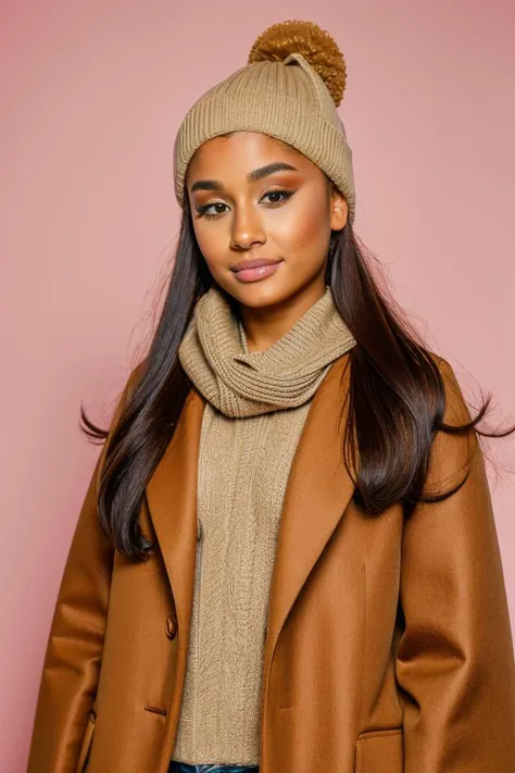 <lora:arianaX:0.8>, medium shot, (masterpiece:1.2), (best quality:1.2), portrait photo of ariana1 1girl, simple, homely, completely covered up, wearing tan sweater, wearing a large brown coat, (wearing a hat:1.1), wearing a scarf, standing,(detailed eyes:1...