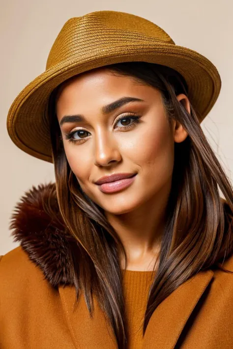 <lora:arianaX:0.8>, medium shot, (masterpiece:1.2), (best quality:1.2), portrait photo of ariana1 1girl, simple, homely, completely covered up, wearing tan sweater, wearing a large brown coat, (wearing a hat:1.1), wearing a scarf, standing,(detailed eyes:1...