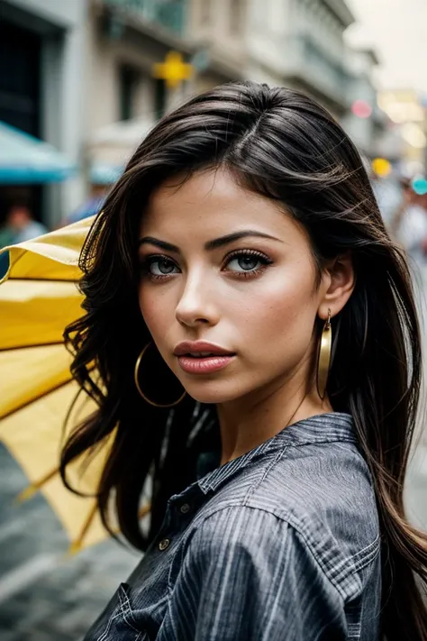 photo of gorgeous (vz3m4n0v4:0.99), a beautiful woman, (serious), perfect hair blowing in the wind, (award winning modern photography), (Slate Gray striped shirt:1.1), 85mm, (analog, cinematic, film grain:1.3), (A bustling, vibrant Rio de Janeiro street du...