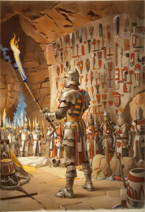 painting of a knight in a medieval setting with a sword