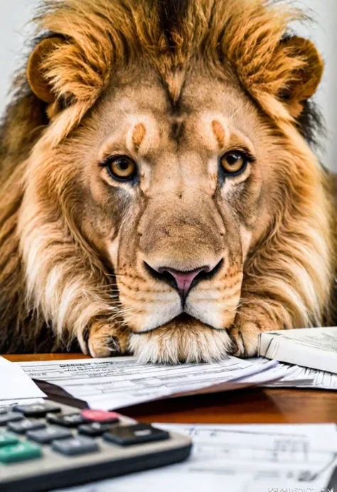 a lion with the most intense look preparing their taxes