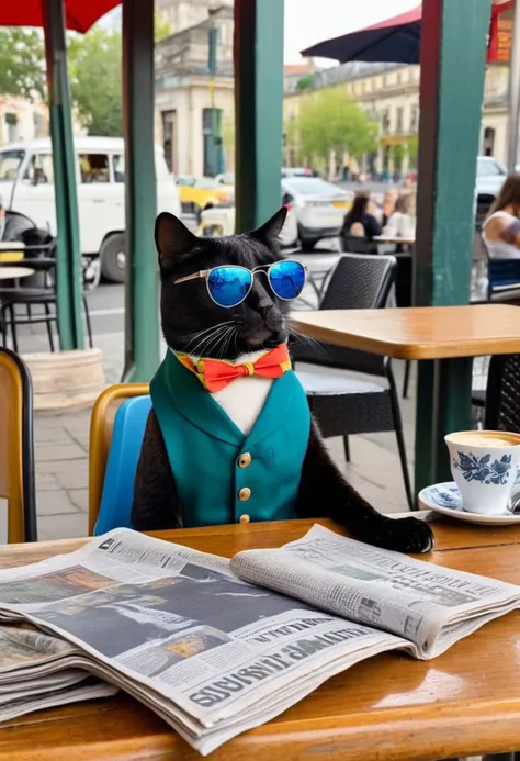 a cat wearing sunglasses, sitting at a cafe table, reading a newspaper like a human. Beside the cat, theres a parrot serving coffee. The setting is an outdoor cafe, with other tables and chairs in the background. The cat looks serious and focused on the ne...