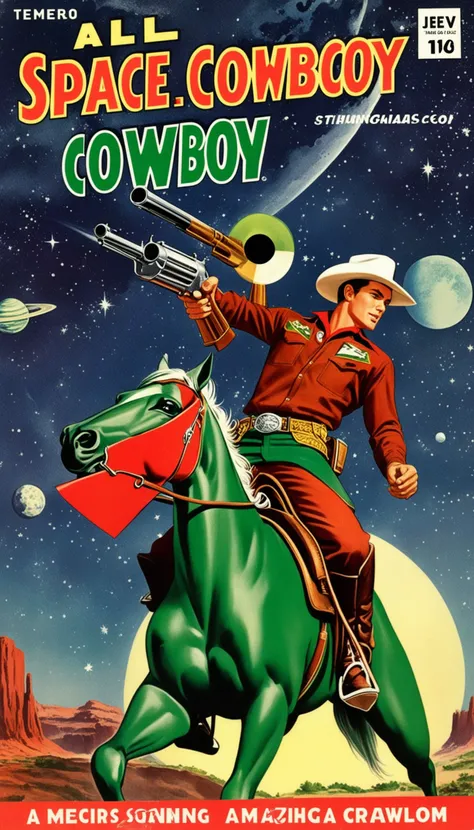 a cover for a comic book, a comic book cover about all space cowboy, 1 cowboy wearing a hat in the style of amazing stories, 1940s 1950s, red and green, comic art, realistic genre scenes, romanticized realism dynamic