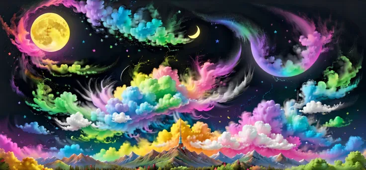 a painting of a full moon and clouds in the sky