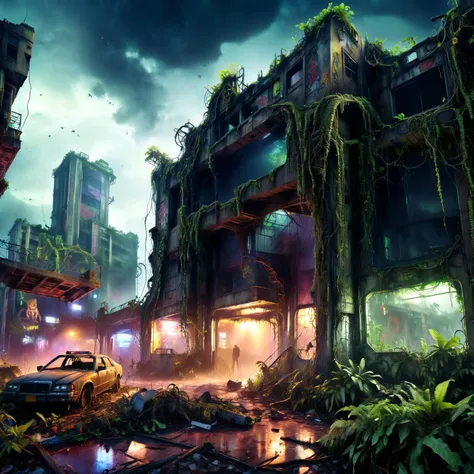 masterpiece, highly detailed, sci fi, fantasy intricate design, <lora:xl_more_art-full_v1:1>, post-apocalyptic, wasteland, city overrun with jungle, jungle animals, buildings with vines, extremely detailed plants, building signs, broken neon, graffiti, bro...