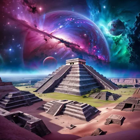 Vast galaxy,ancient Mayan cities built on orbiting planets tilting in different directions,illuminated by a nebula consisting of blues 
 purples,reds,greens and pinks,space is a deep indigo color,no humans,no animals,provide three dimensional depth of fiel...