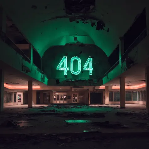 (the text "  4  0  4  " written in a way that relates to the rest of the image:1.2),
Abandoned mall at night, flickering fluorescent lights, ominous atmosphere, vintage horror movie inspired color grading.
