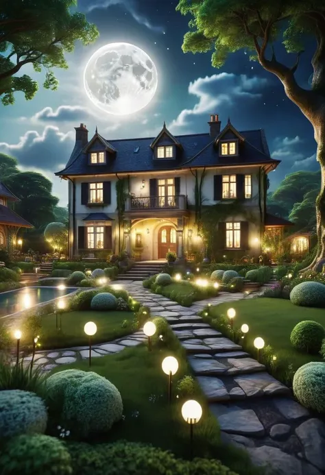 Ultra realistic, RTX, ray tracing, amazing quality, masterpiece, best quality, hyper detailed, ultra detailed, UHD, depth of field, beautiful country house created inside a tree, welcoming, full moon, relaxation, mystical sense, house lights on, lush veget...