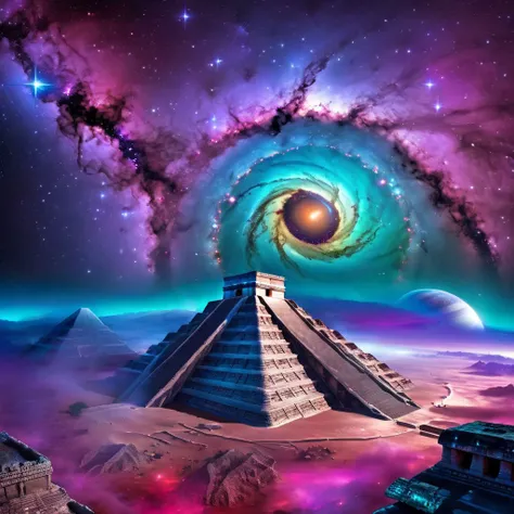 Vast galaxy,ancient Mayan cities built on orbiting planets tilting in different directions,illuminated by a nebula consisting of blues 
 purples,reds,greens and pinks,space is a deep indigo color,no humans,no animals,provide three dimensional depth of fiel...