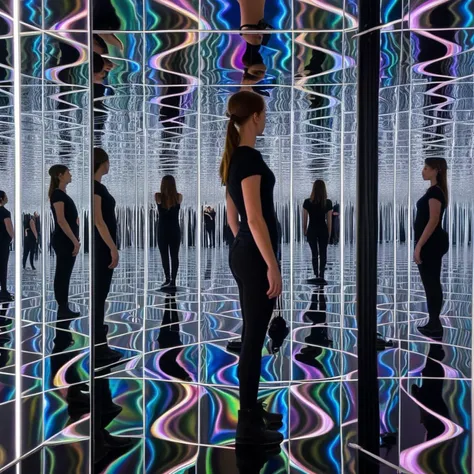 a person in a mirror room full of self reflexion, her reflexions are visible, infinite reflexions, iridescent ambient light, shadowy, infinity, detailed, convoluted reality