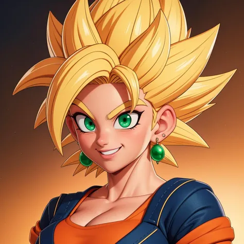 RAW photo, (high detailed skin, detailed eyes:1.1), intricate details, best quality, 8k uhd, soft lighting, Vegetto, breasts, (female:1.2), 1girl, earrings, jewelry, white gloves, spiked hair, dougi, smile, blonde hair, green eyes, super saiyan <lora:Veget...