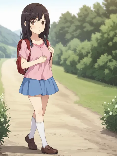 anime girl with backpack walking down a dirt road in a field