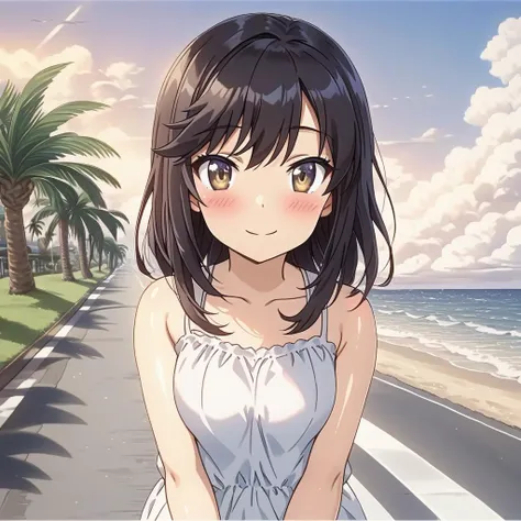 anime,girl focus,girl,shiny eyes,smile,upper body,ichijou hotaru,blush,looking at viewer,beach,cloud,palm tree,seaside road,white cotton camisole,miniskirt,ultra-detailed,masterpiece,best quality <lora:ichijou_hotaru-animagine-v1:0.7>