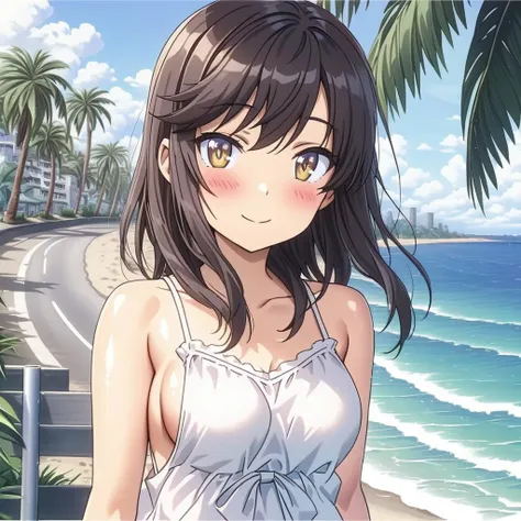 anime,girl focus,girl,shiny eyes,sideboob,middle breasts,smile,upper body,ichijou hotaru,blush,looking at viewer,beach,cloud,palm tree,seaside road,white cotton camisole,miniskirt,ultra-detailed,masterpiece,best quality <lora:ichijou_hotaru-animagine-v1:0....