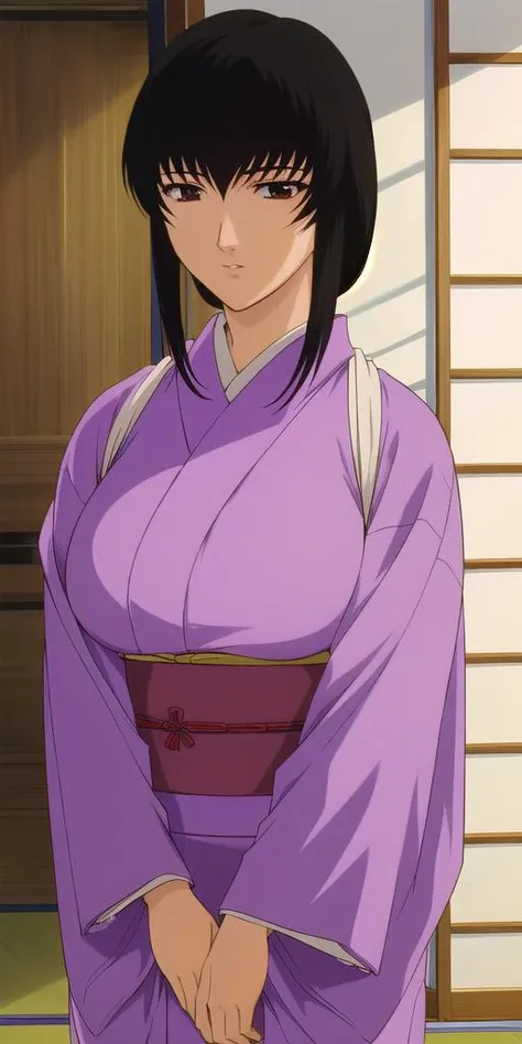 a woman in a purple kimono is standing in front of a wooden door