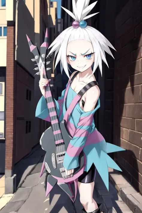 <lora:Roxie:0.8>, roxie (pokemon), topknot, forehead, white hair, blue eyes, pale skin, freckles, striped dress, bike shorts, boots, alley, smile, illustration, holding instrument, bass guitar, ((masterpiece)), (best quality), 8k, ultra-detailed, absurdres...