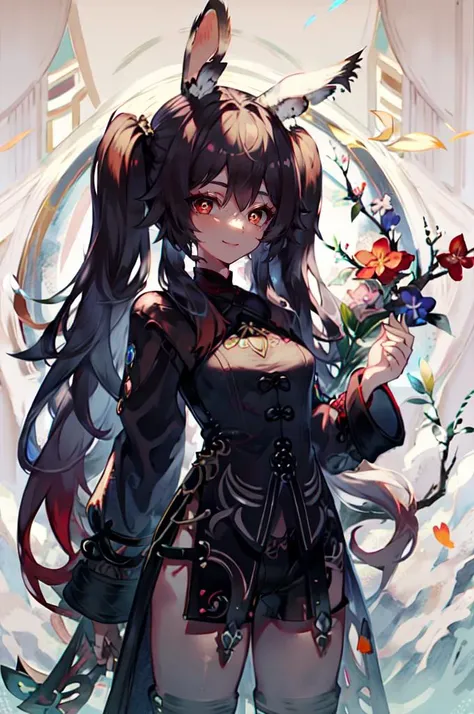 <lora:Female_Race_Final_Fantasy:0.9> cowboy shot, animal ears, (revealing clothes:1.2), smile,   <lora:Hu_Tao_Genshin:0.75> Hu_Tao_Genshin, 1girl, solo, long hair, red eyes, brown eyes, flower-shaped pupils, twintails, hu tao (genshin impact), (hair flower...