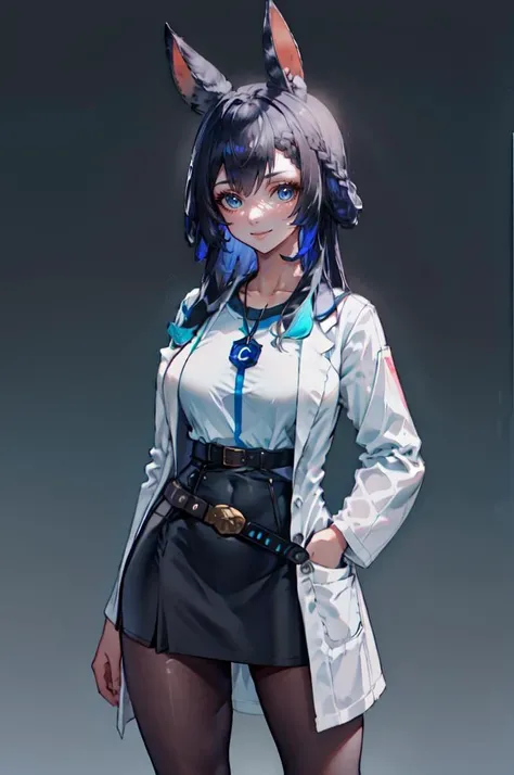 <lora:Female_Race_Final_Fantasy:0.9> cowboy shot, animal ears, (revealing clothes:1.2), smile,  <lora:gijinkaseries_civitai:0.8> civitai-chan, braided bangs, labcoat, shirt, shirt tucked in, single vertical stripe, black skirt, pencil skirt, pantyhose, nec...