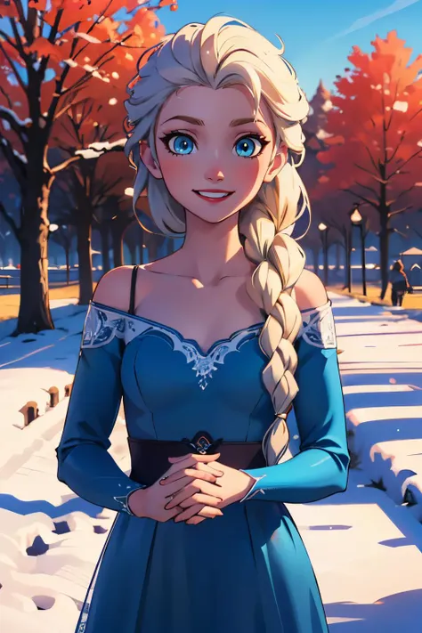 a cartoon picture of a woman in a blue dress standing in the snow