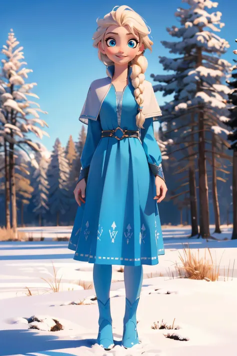 felsa, blue eyes, blonde hair, single braid, cyan dress, long dress, looking at viewer, smiling, full body shot, standing, outside, snow, field, trees, winter, blue sky, high quality, masterpiece, <lora:elsa5-real:.6>