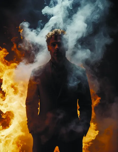 a man standing in front of a fire with smoke coming out of his mouth