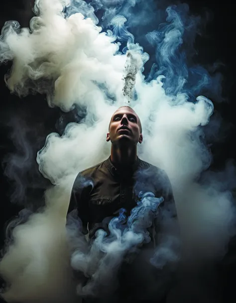 smoke billowing from a man's face in a dark room