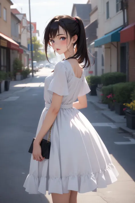 a woman in a white dress standing on a street corner