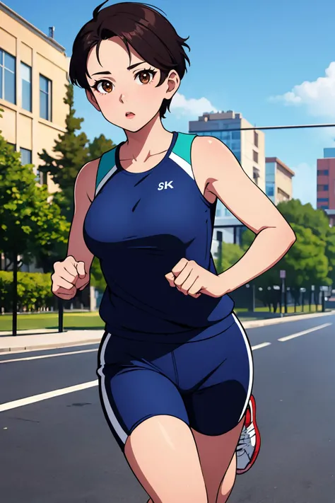 (best quality:1.4),(masterpiece:1.4),(8K:1.4),(extremely detailed:1.4),1girl,solo,brown eyes,(upper body:1.2),looking at viewer,short hair,black hair,(full body:1.2),large breasts,running in sportswear,outdoors,