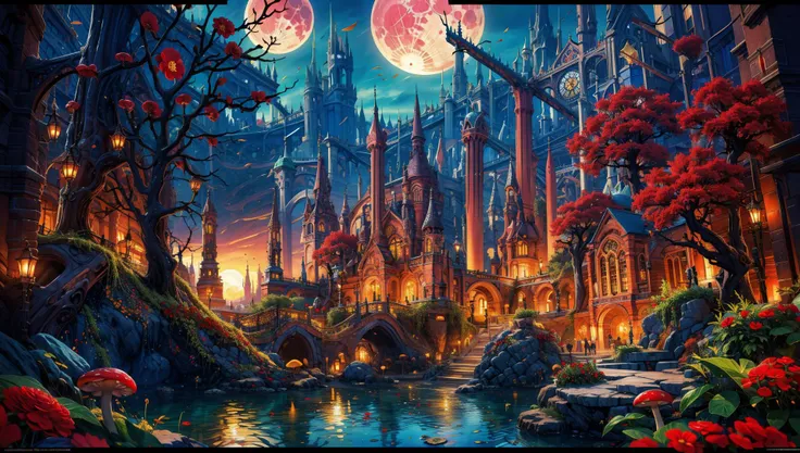 a painting of a fantasy castle with a full moon in the background