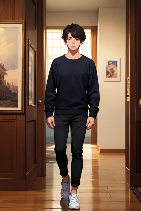 arafed man in a black sweater and black pants standing in a hallway