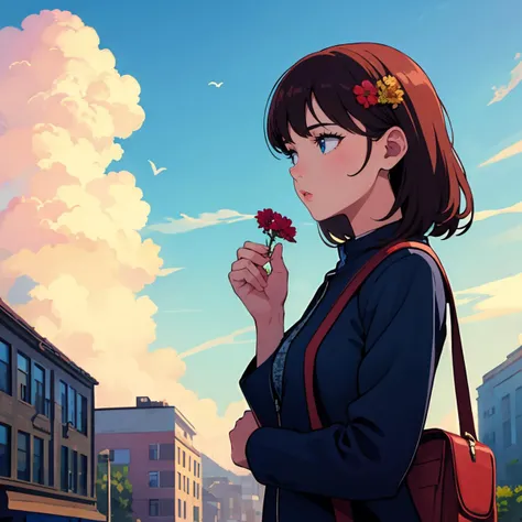 (best quality:1.4),(masterpiece:1.4),(8K:1.4),(extremely detailed:1.4),1girl,bag,blue sky,building,cloud,cloudy sky,day,flower,