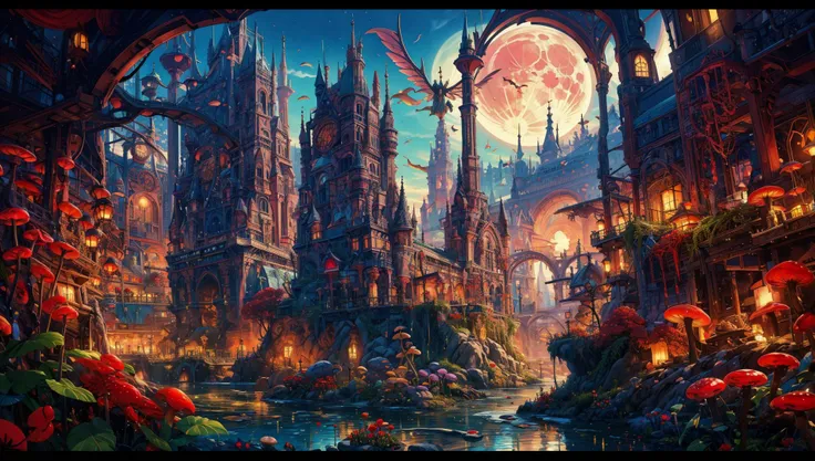 a painting of a fantasy city with a river and a dragon flying over it