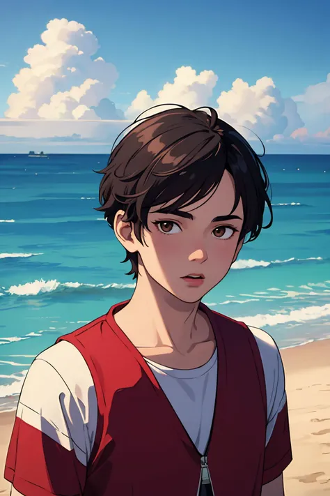 anime boy standing on the beach looking at the ocean