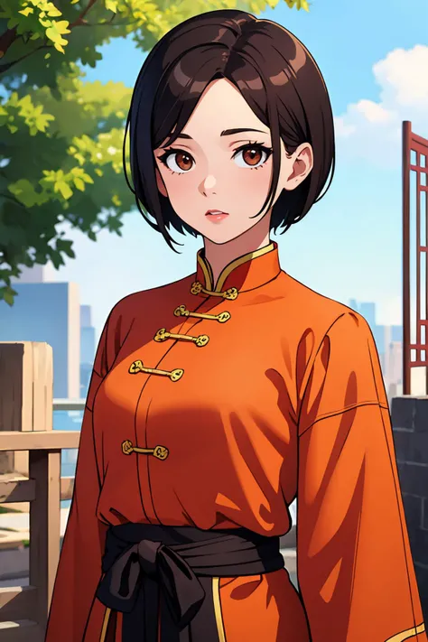 (best quality:1.4),(masterpiece:1.4),(8K:1.4),(extremely detailed:1.4),1girl,solo,brown eyes,(upper body:1.2),looking at viewer,short hair,black hair,chinese clothes,