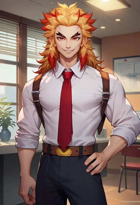 anime character with long hair and red tie standing in office