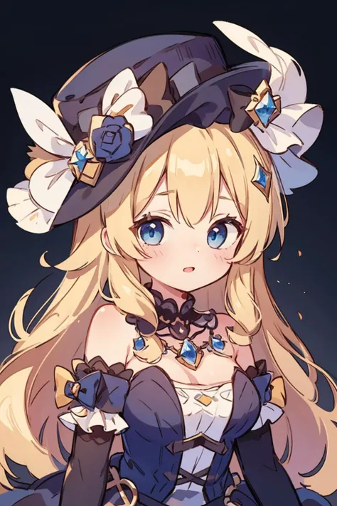 (high quality, best quality),
1girl, perfect face,
Navia, blond hair, long hair, frilled hair, blue eyes, neck ornament, corset dress, hat
black background,
 <lora:Navia__Genshin_Impact-000011:0.8>