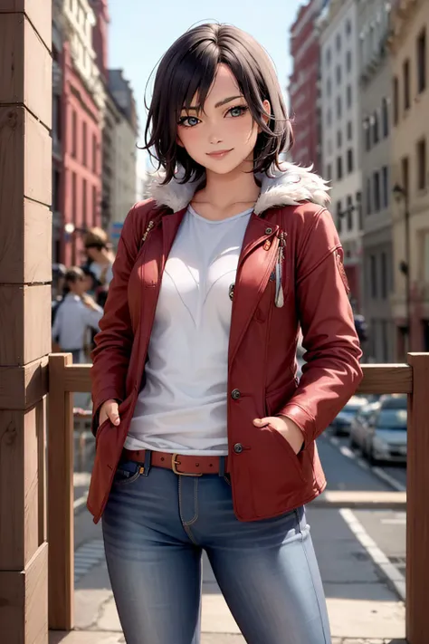 (masterpiece, best quality:1.2), <lyco:marvel_cindymoon-10:0.9>, cowboy shot, solo, 1girl, cindymoon, smile, closed mouth, looking at viewer, hand in pocket, short hair, fur-trimmed jacket, jeans