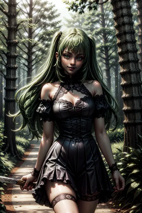 (masterpiece:1.2, best quality:1.2), depth of field:1.3, (beautiful, perfect, delicate, detailed, intricate, aesthetic:1.2), (((dark skin))), (((goth))), (solo), (smile, closed mouth), ((green hair)), long hair,  <lora:more_details:0.45>  (forest, dirt pat...