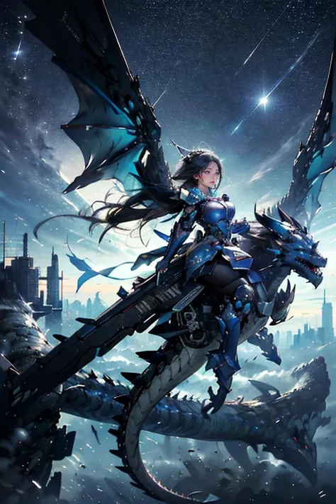 (masterpiece, top quality, best quality, official art, beautiful and aesthetic:), futuristic city, armor, (A girl is flying in the sky:1.4), wind, storm, intricate, elegant, highly detailed, smooth, sharp focus, Dragon ear, backlighting, 8k, big mecha mons...