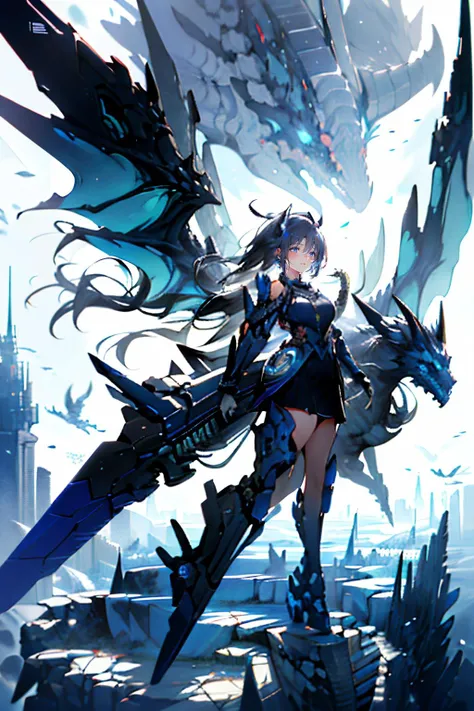 (masterpiece, top quality, best quality, official art, beautiful and aesthetic:), futuristic city, armor, (A girl is flying in the sky:1.4), wind, storm, intricate, elegant, highly detailed, smooth, sharp focus, Dragon ear, backlighting, 8k, big mecha mons...